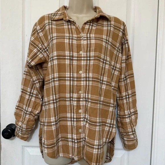 LOFT Plaid Flannel Button Down Shirt Brown Tan Cozy Oversized S - Picture 2 of 8
